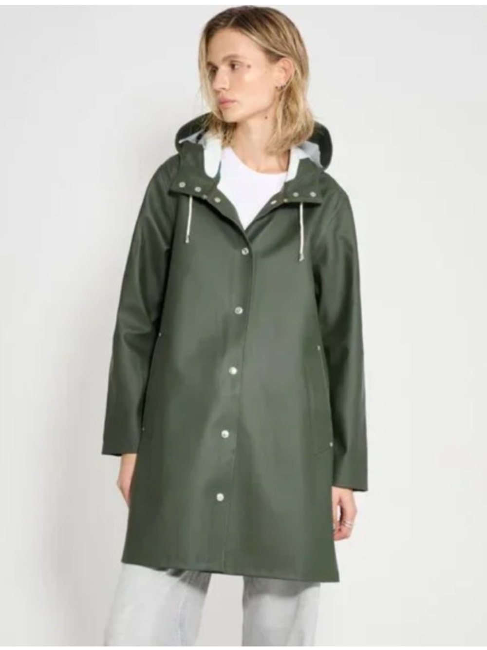 Stutterheim Hooded Raincoat Dark Green Olive Size Small Snap Front